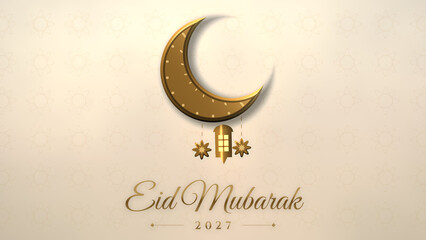 Gold crescent moon with hanging lantern above Eid Mubarak 2027 greeting on a cream sand pattern © Sidney vd Boogaard