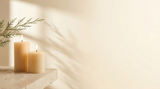 Two lit pillar candles on a stone surface with soft shadow play and a sprig of greenery