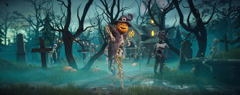 Funny scarecrow with pumpkin head and skeleton body and spooky zombies dancing at Halloween party, 3D animation
