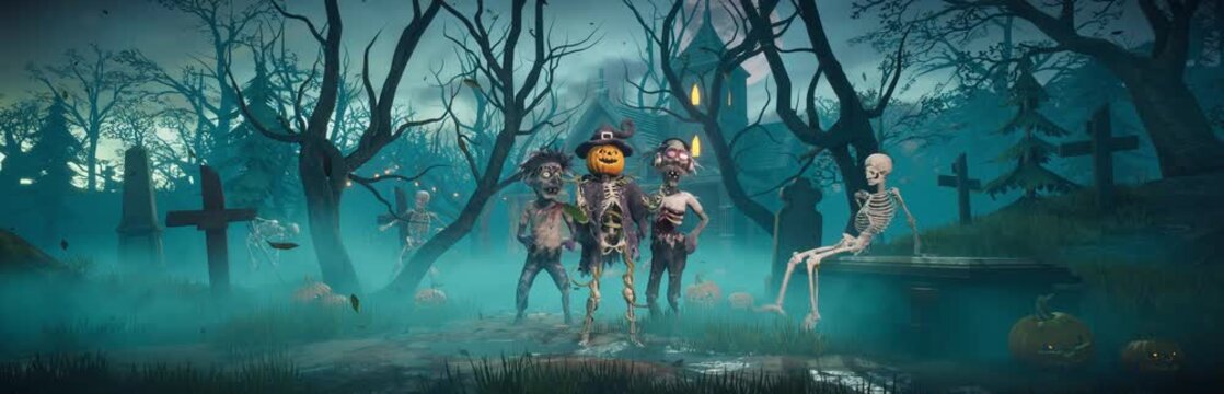 Funny scarecrow with pumpkin head and skeleton body and spooky zombies dancing at Halloween party, 3D animation
