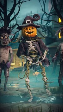 Funny scarecrow with pumpkin head and skeleton body and spooky zombies dancing at Halloween party, 3D animation
