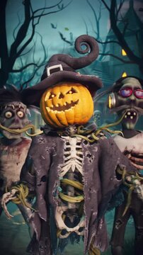Funny scarecrow with pumpkin head and skeleton body and spooky zombies dancing at Halloween party, 3D animation
