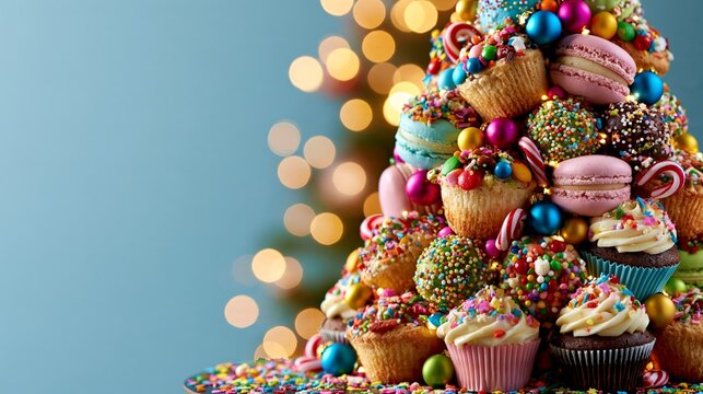 Colorful dessert tree made of cupcakes, macarons, and candies with festive bokeh lights in the.