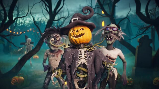Funny scarecrow with pumpkin head and skeleton body and spooky zombies dancing at Halloween party, 3D animation
