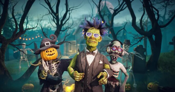 Spooky zombies and skeletons dancing at Halloween party, 3D animation
