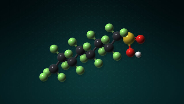 PFOS forever chemical model with grey carbon chain and green fluorine atoms on teal
