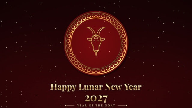 Zodiac goat head in gold line art on a crimson roundel, Lunar New Year 2027 greeting card