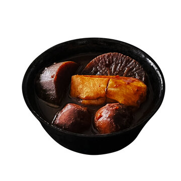 味噌凝縮雑煮 1杯の切り抜き。大根や里芋を赤味噌で煮込んだ三重県津市の伝統的な郷土料理・お正月フード素材 俯瞰