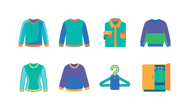 Long Sleeve Shirt Collection, bright flat vector icon set featuring front-view shirt, back-view shirt, folded shirt, crewneck top, slim-fit shirt, relaxed shirt, hanger and wardrobe icon, covering