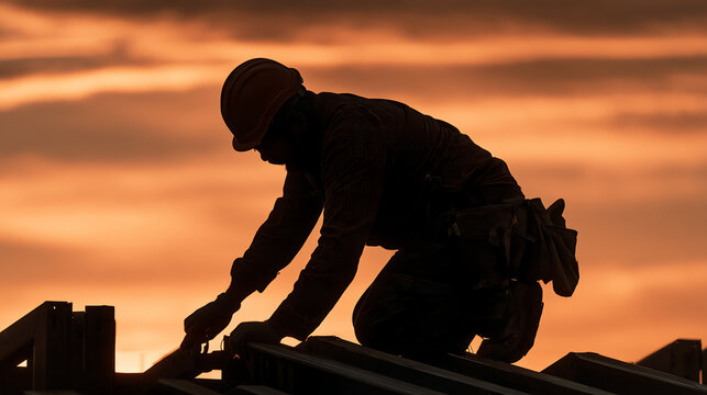 Silhouetted construction worker at sunset, showcasing dedication and hard work in the building industry.