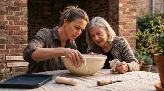 Woman repairs a ceramic bowl with a courtyard neighbor