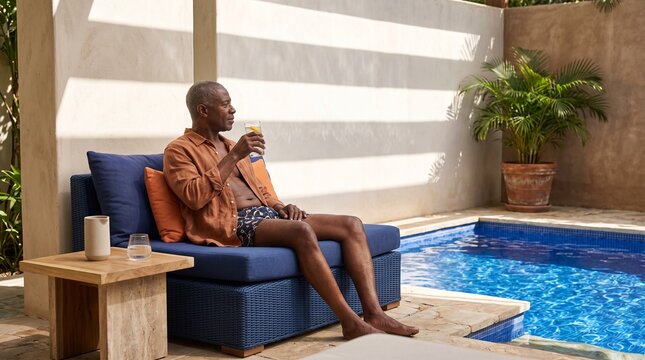 Senior traveler unwinds beside a bright blue pool