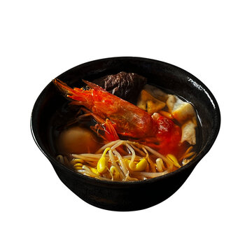 焼きえび雑煮 1杯の切り抜き。豆もやしや椎茸が入った鹿児島県の伝統的な郷土料理・お正月フード素材 俯瞰