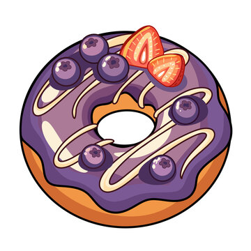 Delicious colorful donuts set with various toppings, fruits, and berries isolated on white background. Sweet glaze doughnuts vector illustration.