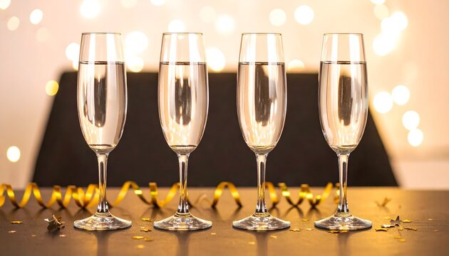 Cuatro copas de bebida espumosa con cintas doradas y luces festivas