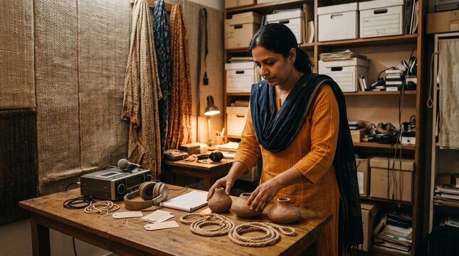 Archivist arranges handmade resonators in voice archive