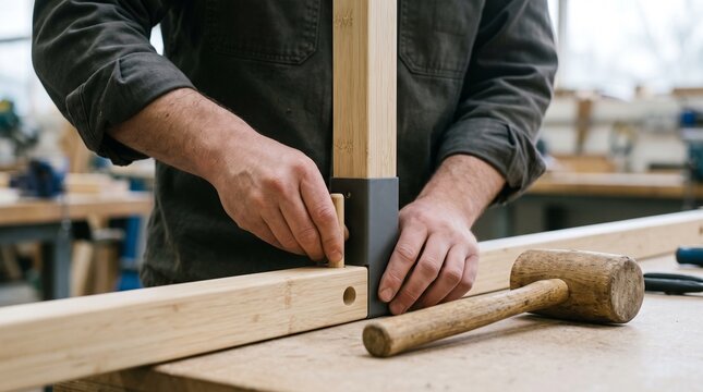 Close view of bamboo dowel joinery in panel fabrication