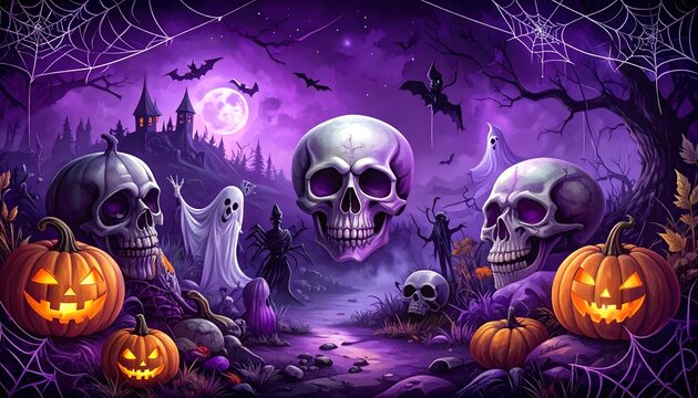 Calaveras y calabazas de Halloween en un cementerio violeta