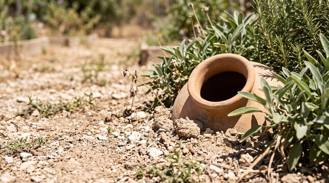 Buried olla keeps a drought tolerant herb bed watered