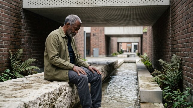 Senior resident rests beside a cool courtyard rill