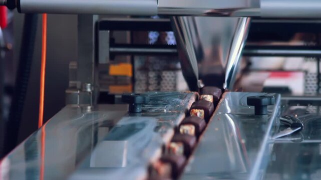 Glazed candies moving metal chute factory closeup. Pan reveals dessert machine.