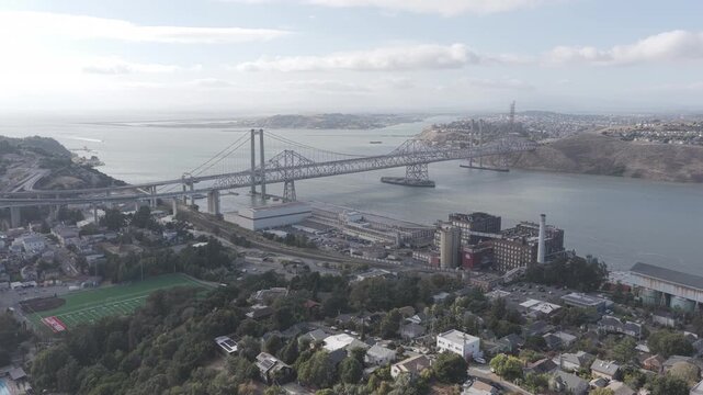 Alfred Zampa Memorial Bridge suspension bridge aerial view, Interstate 80, Vallejo and Crockett, California
