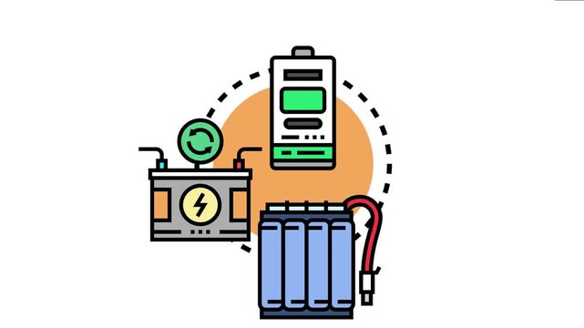 Battery array, accumulator, and charging cell elements visually represent concepts of energy storage, power savings, and device durability in modern electrical systems