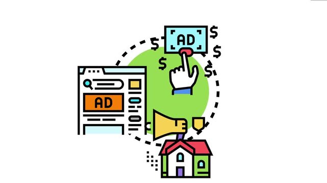 Conceptual highlighting pay per click advertising, connecting user interaction with online ad listings and business promotion, generating leads for real estate marketing