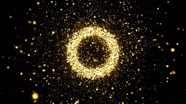 Golden particles forming a glowing ring abstract background with shimmering dust effect for festive celebration motion graphics