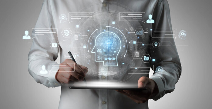 Artificial intelligence AI chat message concept linking users, knowledge base, search and analytics to provide automated NLP data support and informed business decisions, tech model training. Corpus