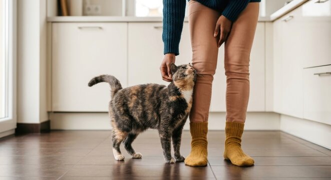 An adorable tortoiseshell cat rubbing affectionately against its owner's legs in a bright modern kitchen, showing a strong bond between human and pet while standing on a dark tiled floor indoors.