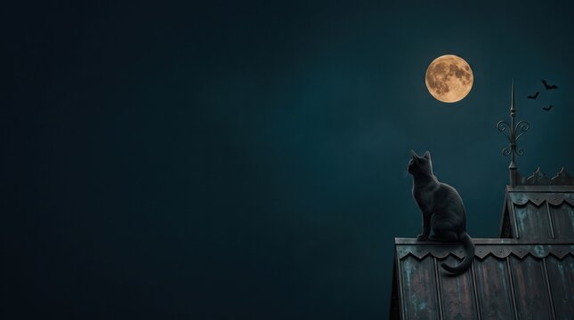Halloween Copy Space Background with black cat sitting on a gothic rooftop gazing at a full moon and flying bats in a dark teal night sky for party invitation design