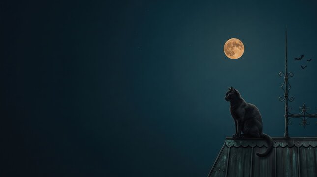 Halloween copy space background with black cat sitting on gothic rooftop gazing at full moon and flying bats, dark teal night sky for party invitation, banner or poster