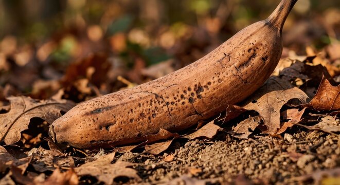 Close up of a rotten brown banana lying on dry autumn leaves on the ground, representing food waste, organic decomposition, and the natural cycle of decay in nature during the fall season.