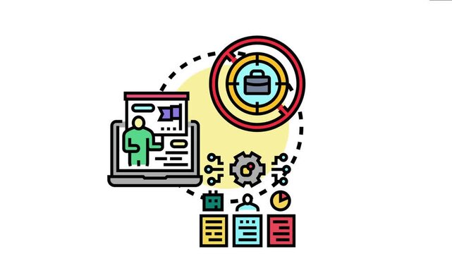 Icon presenting business strategy development, involving online learning, goal setting, operational planning, data analysis, and problem solving to achieve company objectives effectively