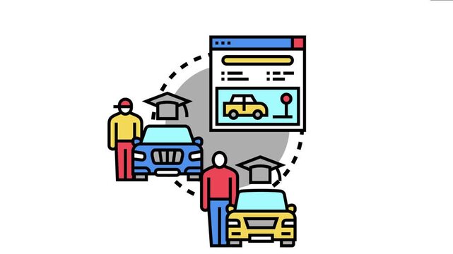 Students and instructors involved in a driving school learning and practice session to get a license, involving online education and various vehicles