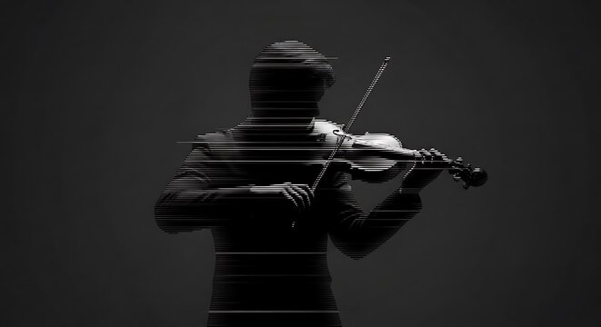 Abstract silhouette of musician playing violin with glitch line effect