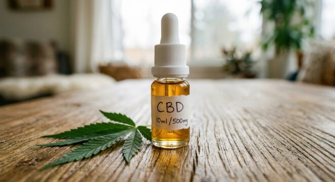 Bottle of CBD hemp oil with a fresh cannabis leaf on a rustic wooden table in a bright, modern room, concept of natural medicine, alternative therapy, and herbal wellness.