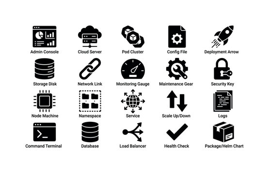 Kubernetes System Administration, solid glyph icon set featuring admin console, cloud server, pod cluster, config file, deployment arrow, storage disk, network link, monitoring gauge, maintenance gear