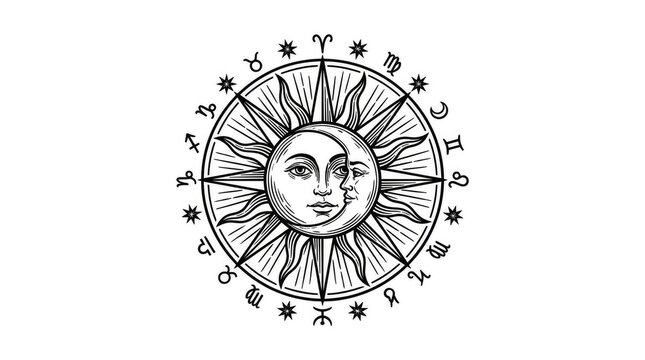 Celestial sun and moon face with zodiac circle illustration.