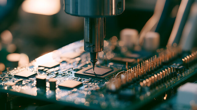 A single robotic nozzle places a processor on a green circuit board lined with memory chips and connectors. In a high-tech facility, a close-up shot shows the electronics assembly