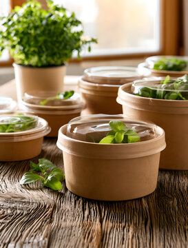 Rustic wooden tables with eco-friendly disposable food containers and biodegradable paper lunch boxes in clear lids surrounded by green leaves