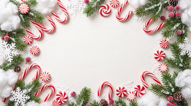 Christmas flat lay frame with candy canes, peppermint candies, pine branches, red berries and snowflakes on white wooden background with copy space