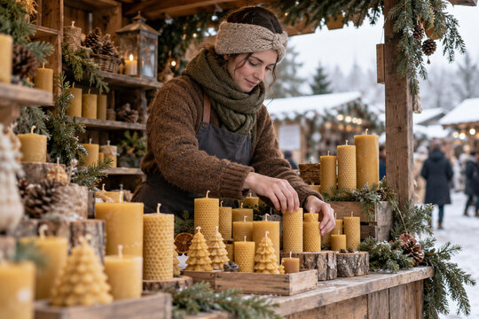 Artigiana dispone candele di cera a un mercatino invernale