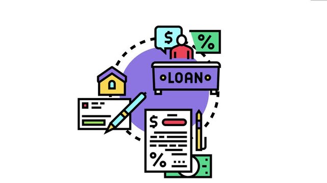 Mortgage financing preapproval concept with loan officer, home, document, and money icons, the process of getting a mortgage loan for real estate acquisition