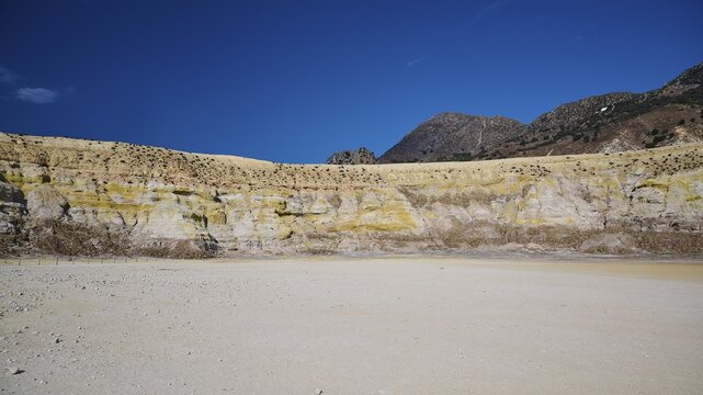 Wide, dry plain of a volcanic crater under a blue sky, volcanism, volcanic island, Caldera Stefanos, Nisyros, Dodecanese, Greek Islands, Greece