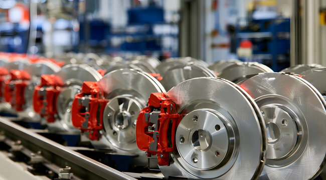 New car brake discs, calibrated along with the calipers, are manufactured on an automotive production line.