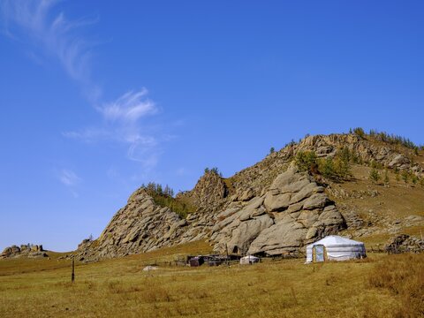 Yurt under rocks in Gorchi Terelj National Park, Ulan Bator, Mongolia