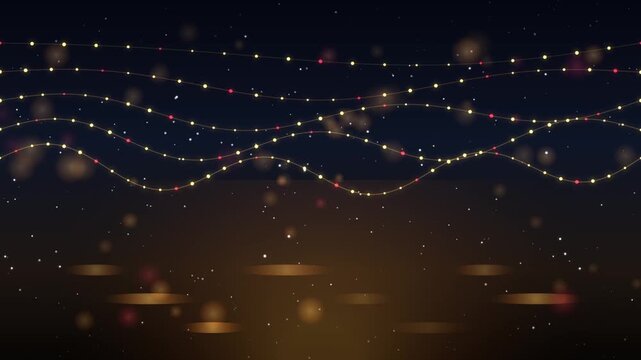 festive fairy lights string glowing on dark background with warm bokeh particle effects for celebration decoration design strung
