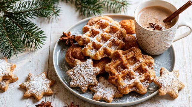 Festive Christmas market dessert flat lay with cinnamon pastries and hot cocoa on wooden tabletop Generative AI